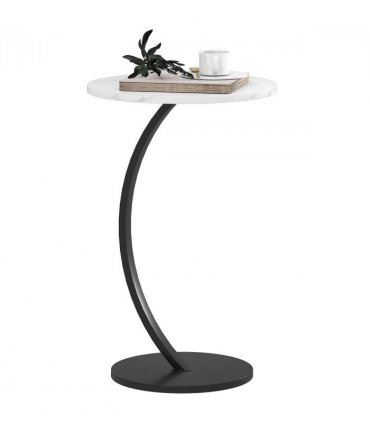 HOMCOM C Shaped Side Table, Round Bedside Table w/ Marble Effect Top, White