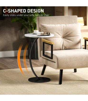 HOMCOM C Shaped Side Table, Round Bedside Table w/ Marble Effect Top, White