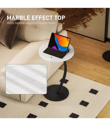 HOMCOM C Shaped Side Table, Round Bedside Table w/ Marble Effect Top, White