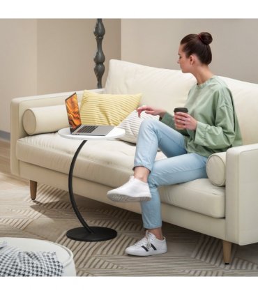 HOMCOM C Shaped Side Table, Round Bedside Table w/ Marble Effect Top, White