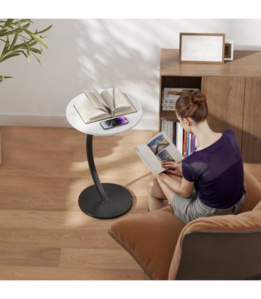 HOMCOM C Shaped Side Table, Round Bedside Table w/ Marble Effect Top, White