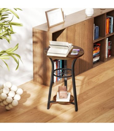 HOMCOM 3-Tier Small End Table Industrial 38 cm Round Side Table Rustic Brown