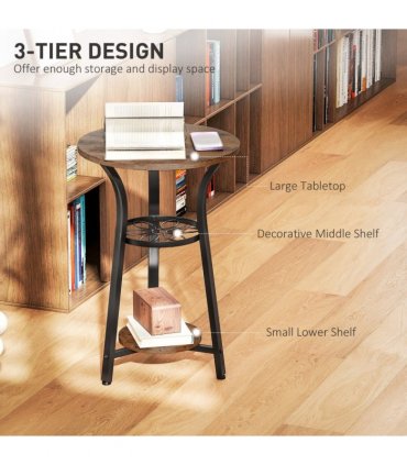 HOMCOM 3-Tier Small End Table Industrial 38 cm Round Side Table Rustic Brown