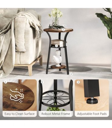 HOMCOM 3-Tier Small End Table Industrial 38 cm Round Side Table Rustic Brown