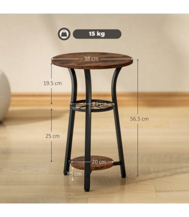 HOMCOM 3-Tier Small End Table Industrial 38 cm Round Side Table Rustic Brown