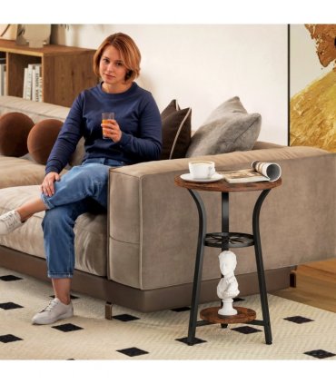HOMCOM 3-Tier Small End Table Industrial 38 cm Round Side Table Rustic Brown