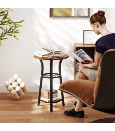 HOMCOM 3-Tier Small End Table Industrial 38 cm Round Side Table Rustic Brown