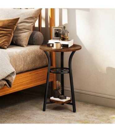 HOMCOM 3-Tier Small End Table Industrial 38 cm Round Side Table Rustic Brown