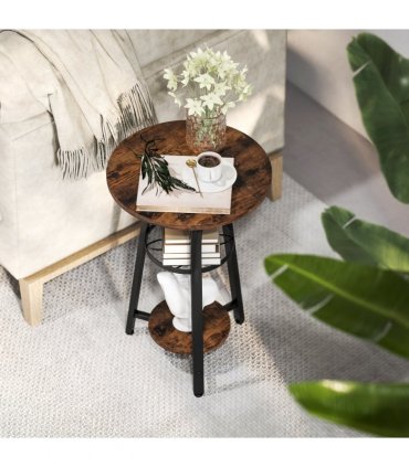 HOMCOM 3-Tier Small End Table Industrial 38 cm Round Side Table Rustic Brown