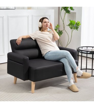HOMCOM 2 Seater Sofa Settee, Modern Faux Leather Couch with Wood Legs