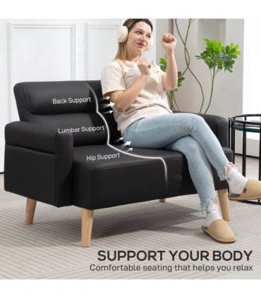 HOMCOM 2 Seater Sofa Settee, Modern Faux Leather Couch with Wood Legs