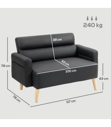 HOMCOM 2 Seater Sofa Settee, Modern Faux Leather Couch with Wood Legs