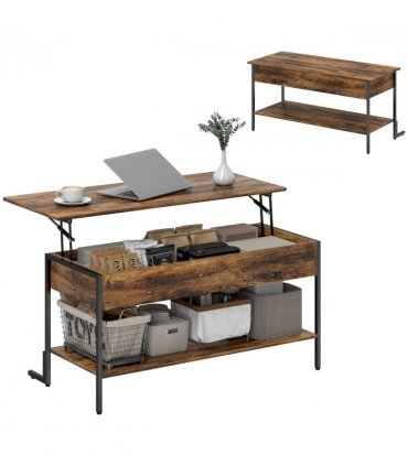 HOMCOM Industrial Lift Top Coffee Table with Storage Shelf Rustic Brown