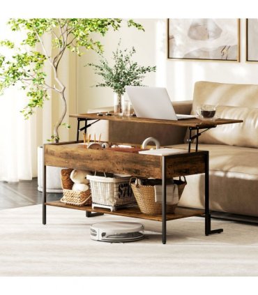 HOMCOM Industrial Lift Top Coffee Table with Storage Shelf Rustic Brown