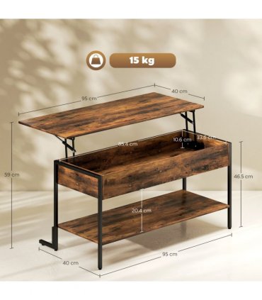HOMCOM Industrial Lift Top Coffee Table with Storage Shelf Rustic Brown