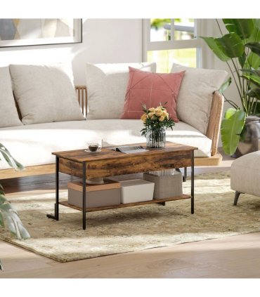 HOMCOM Industrial Lift Top Coffee Table with Storage Shelf Rustic Brown