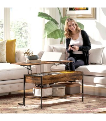 HOMCOM Industrial Lift Top Coffee Table with Storage Shelf Rustic Brown