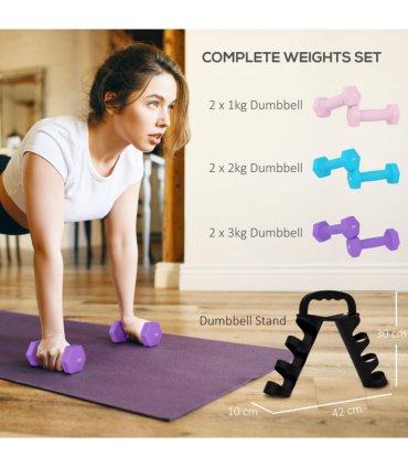 SPORTNOW Dumbbells Set with Storage Rack, 2 x 1kg, 2 x 2kg, 2 x 3kg, Pink