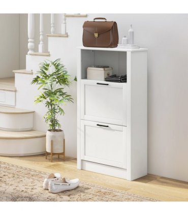 HOMCOM Modern Shoe Cabinet with 2 Flip Drawers and Adjustable Shelves, White