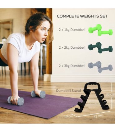 SPORTNOW Dumbbells Set with Storage Rack, 2 x 1kg, 2 x 2kg, 2 x 3kg, Green