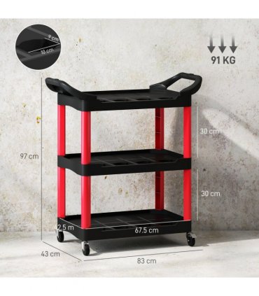 HOMCOM 3-Tier Rolling Tool Cart, Tool Trolley on Wheels for Garage, Black
