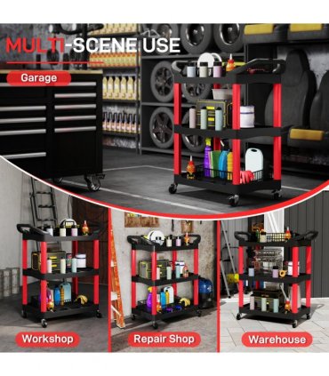 HOMCOM 3-Tier Rolling Tool Cart, Tool Trolley on Wheels for Garage, Black