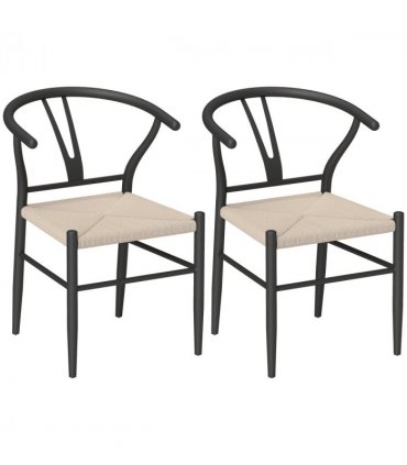 HOMCOM Weave Dining Chairs Set of 2 with Y-Shaped Backrest Hemp Seat Black