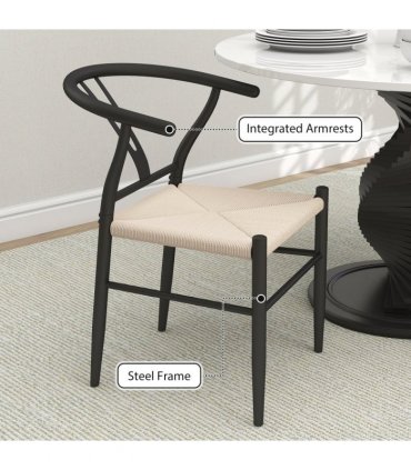 HOMCOM Weave Dining Chairs Set of 2 with Y-Shaped Backrest Hemp Seat Black