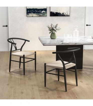 HOMCOM Weave Dining Chairs Set of 2 with Y-Shaped Backrest Hemp Seat Black