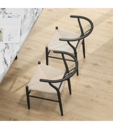 HOMCOM Weave Dining Chairs Set of 2 with Y-Shaped Backrest Hemp Seat Black