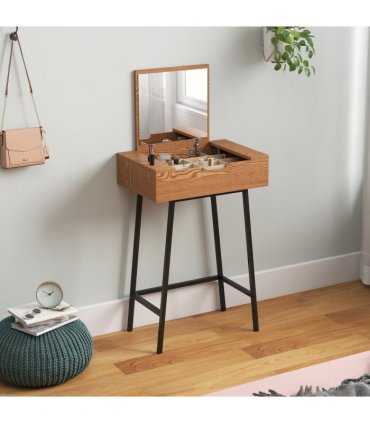 HOMCOM Industrial Vanity Desk with Mirror and Steel Legs Natural Wood Effect