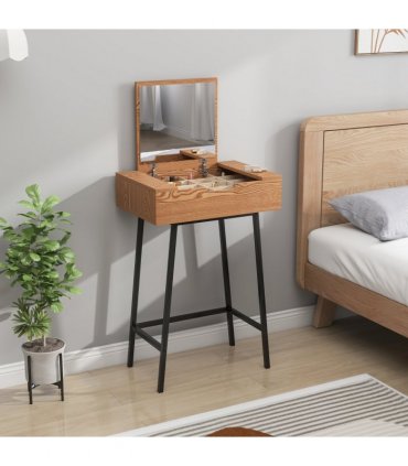 HOMCOM Industrial Vanity Desk with Mirror and Steel Legs Natural Wood Effect