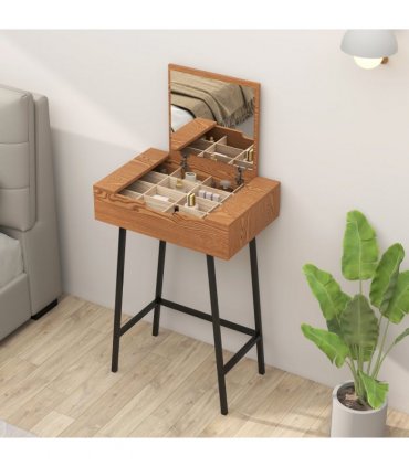 HOMCOM Industrial Vanity Desk with Mirror and Steel Legs Natural Wood Effect