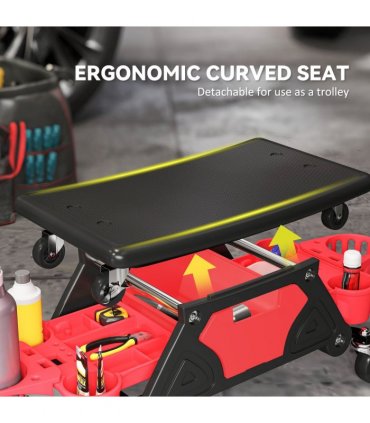 HOMCOM Rolling Mechanic Stool, 135kg Capacity Workshop Stool, Red