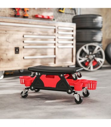 HOMCOM Rolling Mechanic Stool, 135kg Capacity Workshop Stool, Red