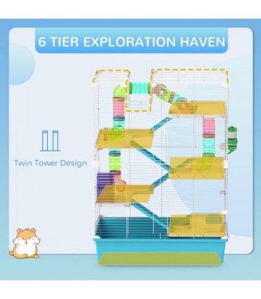 PawHut 6 Tier Hamster Cage with Twin Tower and Accessories, Light Blue