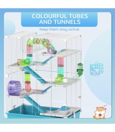 PawHut 6 Tier Hamster Cage with Twin Tower and Accessories, Light Blue