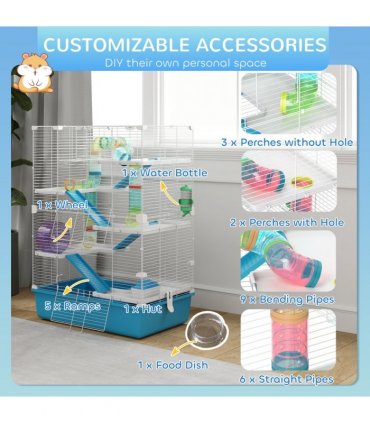 PawHut 6 Tier Hamster Cage with Twin Tower and Accessories, Light Blue