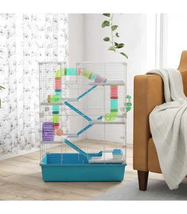 PawHut 6 Tier Hamster Cage with Twin Tower and Accessories, Light Blue