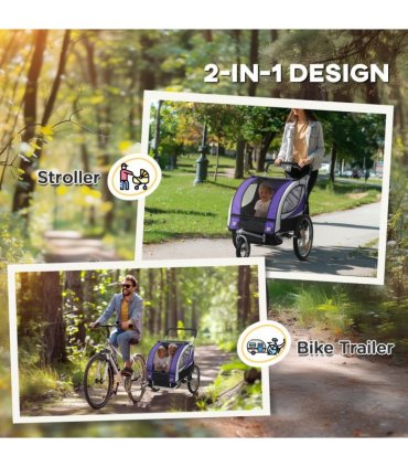 HOMCOM 2 Seat Child Bike Trailer, Baby Bicycle Trailer for 2 Kids, Purple