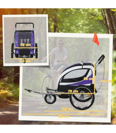 HOMCOM 2 Seat Child Bike Trailer, Baby Bicycle Trailer for 2 Kids, Purple