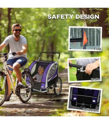 HOMCOM 2 Seat Child Bike Trailer, Baby Bicycle Trailer for 2 Kids, Purple