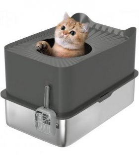 PawHut Stainless Steel Cat Litter Box, Enclosed Metal Litter Tray, Dark Grey