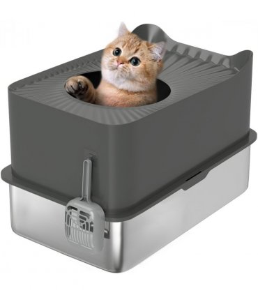 PawHut Stainless Steel Cat Litter Box, Enclosed Metal Litter Tray, Dark Grey