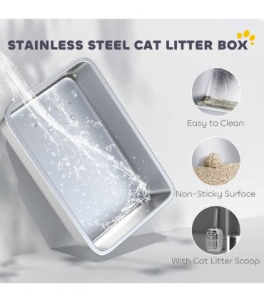 PawHut Stainless Steel Cat Litter Box, Enclosed Metal Litter Tray, Dark Grey