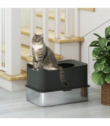 PawHut Stainless Steel Cat Litter Box, Enclosed Metal Litter Tray, Dark Grey