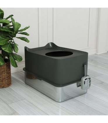PawHut Stainless Steel Cat Litter Box, Enclosed Metal Litter Tray, Dark Grey