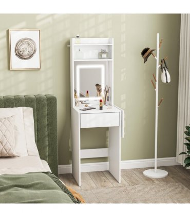 HOMCOM Compact Dressing Table with Lighted Mirror Open Shelves Drawer White