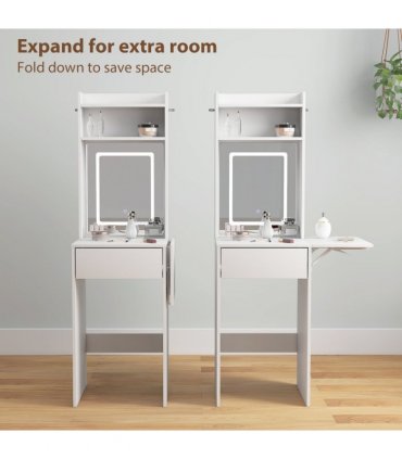 HOMCOM Compact Dressing Table with Lighted Mirror Open Shelves Drawer White