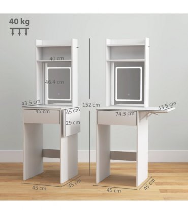 HOMCOM Compact Dressing Table with Lighted Mirror Open Shelves Drawer White